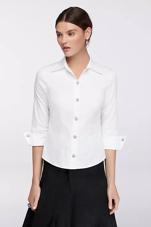 Collared 3/4 Sleeve Blouse with Rhinestone Buttons Image 1