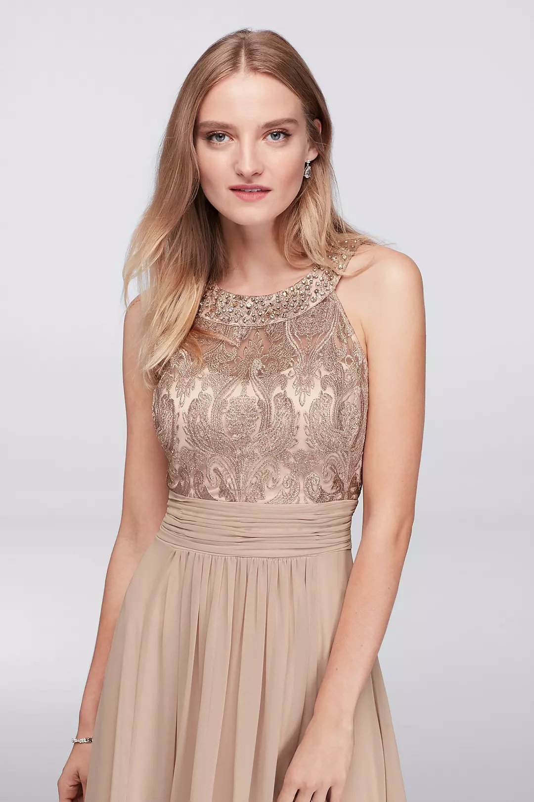 Lace Bodice Chiffon Gown with Jeweled Neckline Image 3