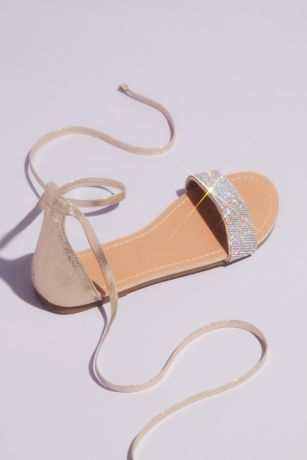 metallic strappy micro crystal flat sandals