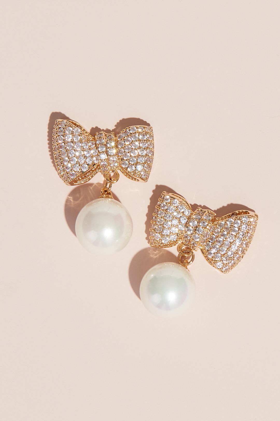 Crystal and Pearl Bow Cubic Zirconia Stud Earrings Image 3