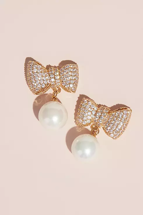 Crystal and Pearl Bow Cubic Zirconia Stud Earrings Image 1
