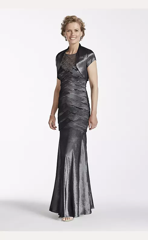 Long Stretch Taffeta Gown with Cap Sleeve Jacket Image 1