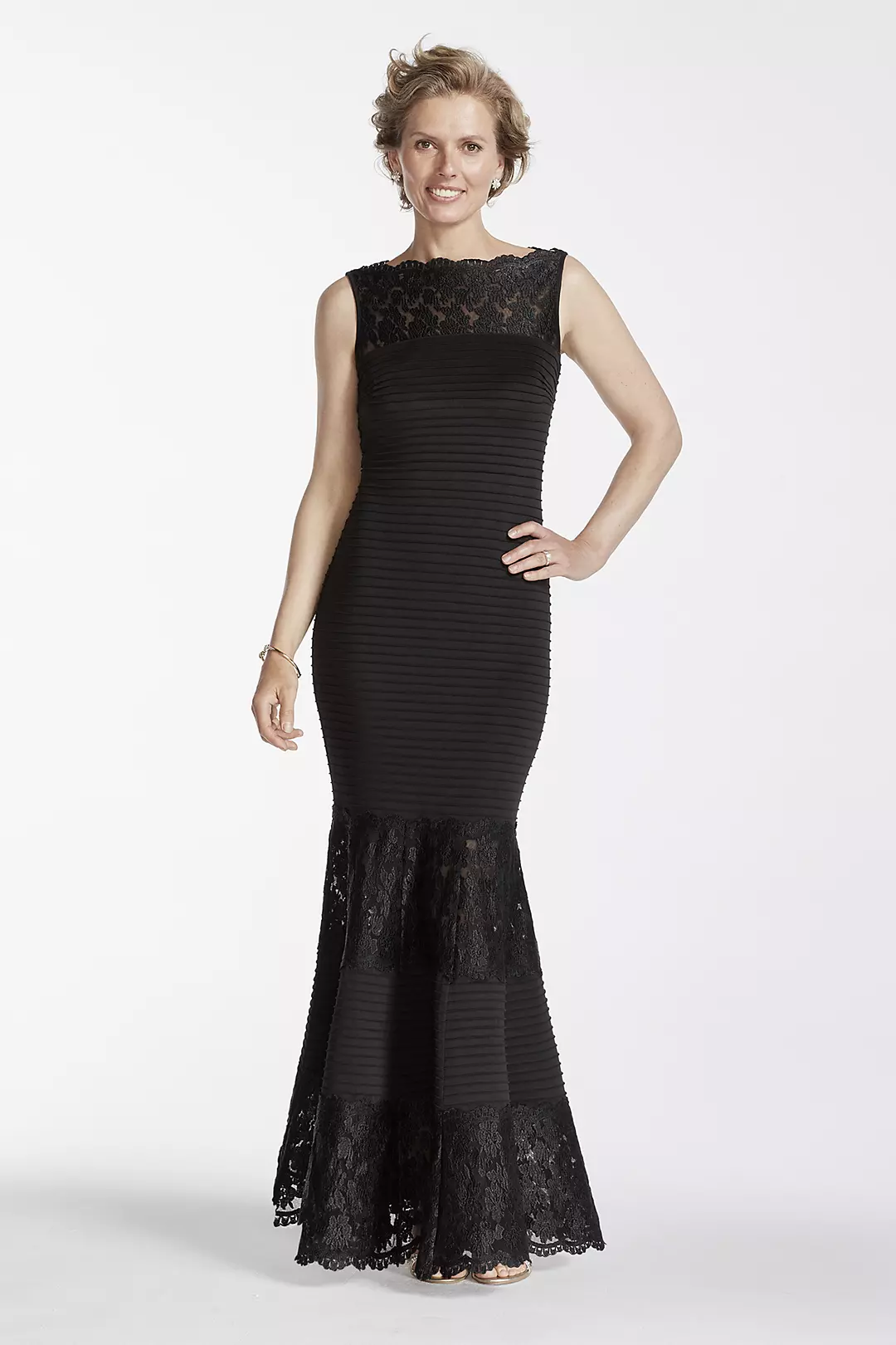 Long Knit Trumpet Gown with Lace Neckline Image