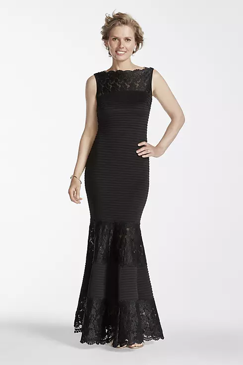 Long Knit Trumpet Gown with Lace Neckline Image 1