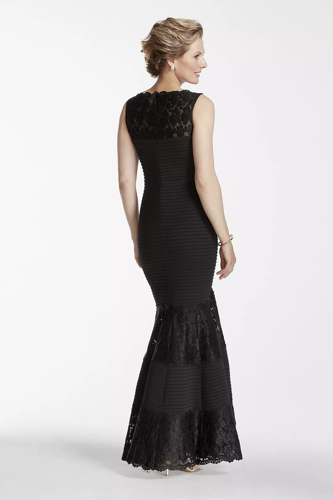 Long Knit Trumpet Gown with Lace Neckline Image 2