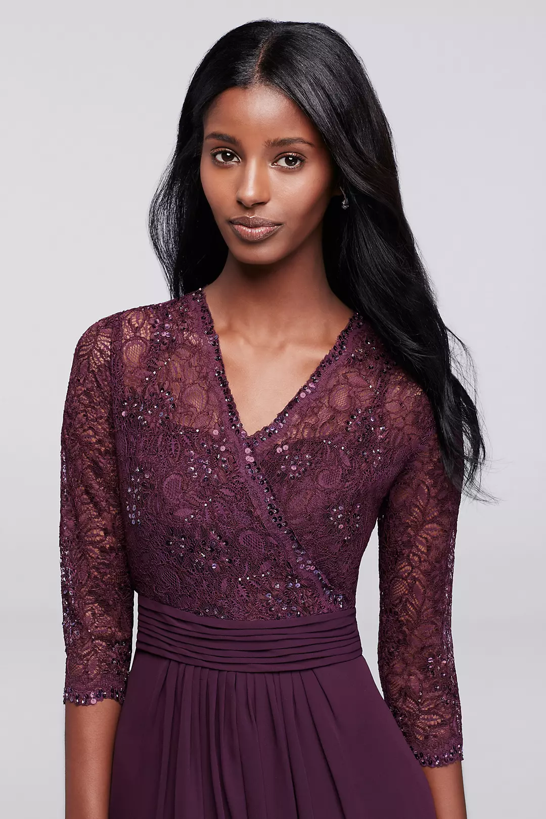 3/4 Sleeve Beaded Illusion Lace and Chiffon Dress | David's 3/4 Sleeve Beaded Illusion Lace and Chiffon Dress | David's