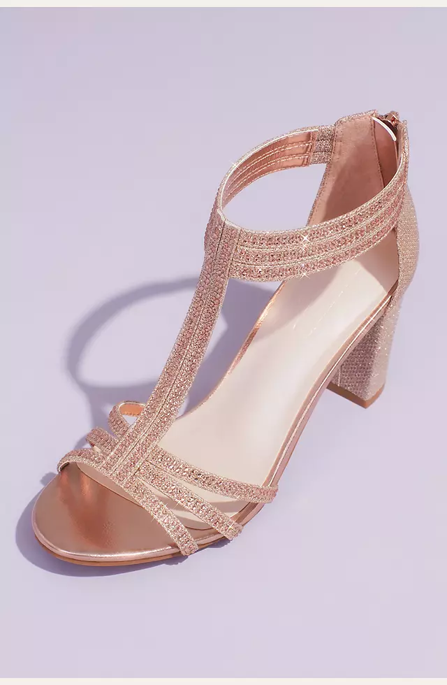 Glitter T-Strap Block Heel Sandals with Crystals | David's Bridal