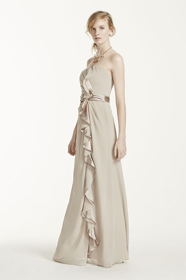 Long Strapless Dress with Front Ruffle Cascade Image 3
