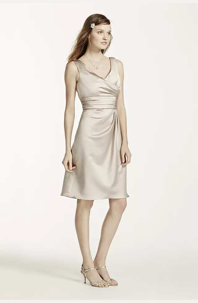 Short Sleeveless Satin Dress with Ruched Waist Image 3