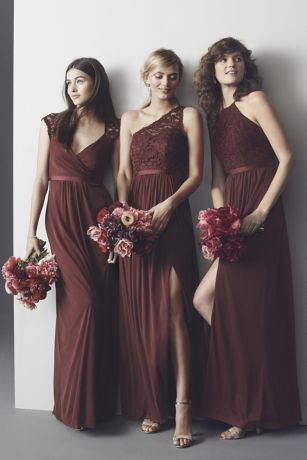 long one shoulder lace bridesmaid dress