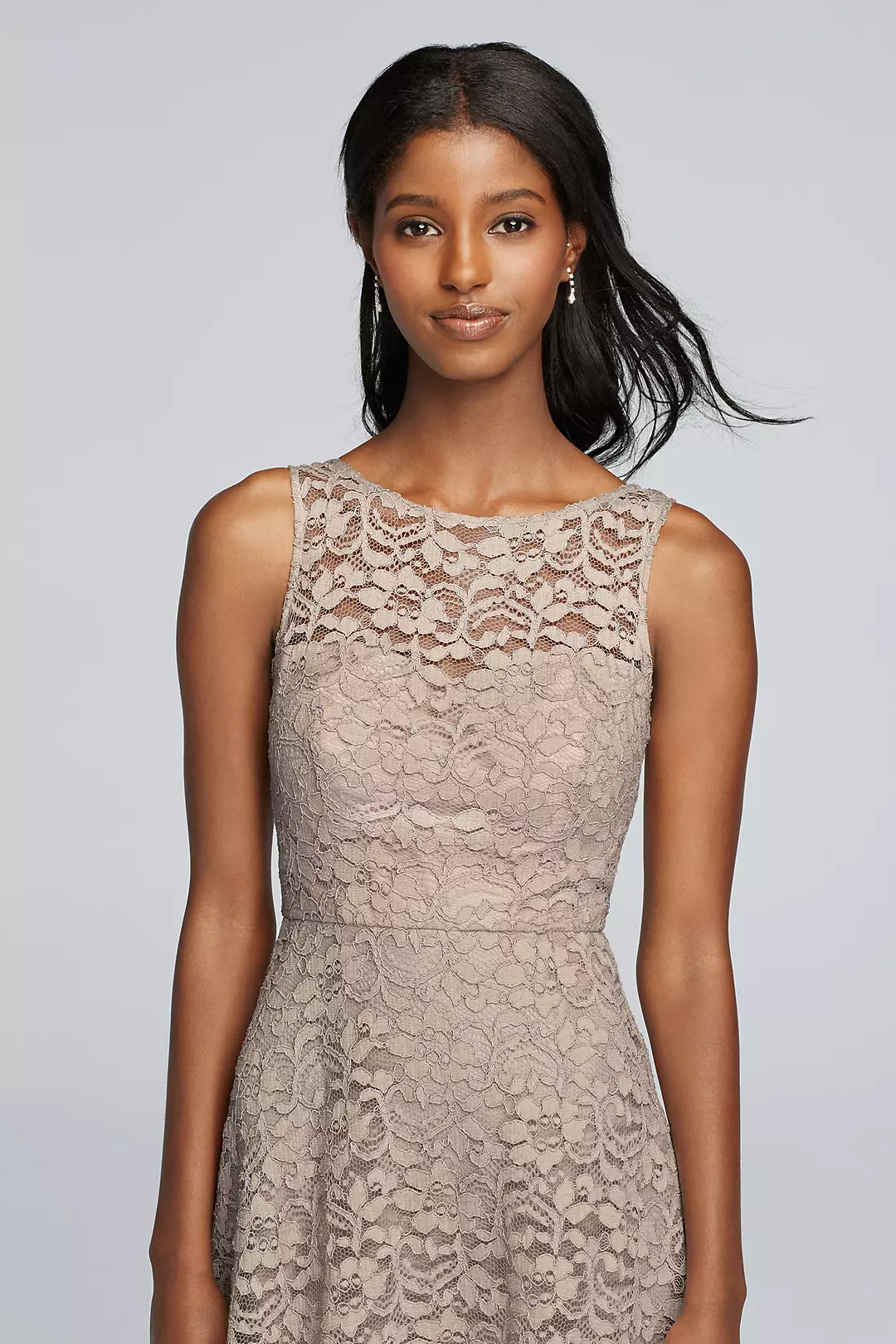 Short Sleeveless All Over Lace Bridesmaid Dress Image 3