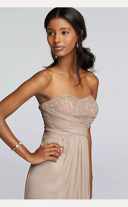 Strapless Mesh and Lace Dress with Pleated Waist  Image 3