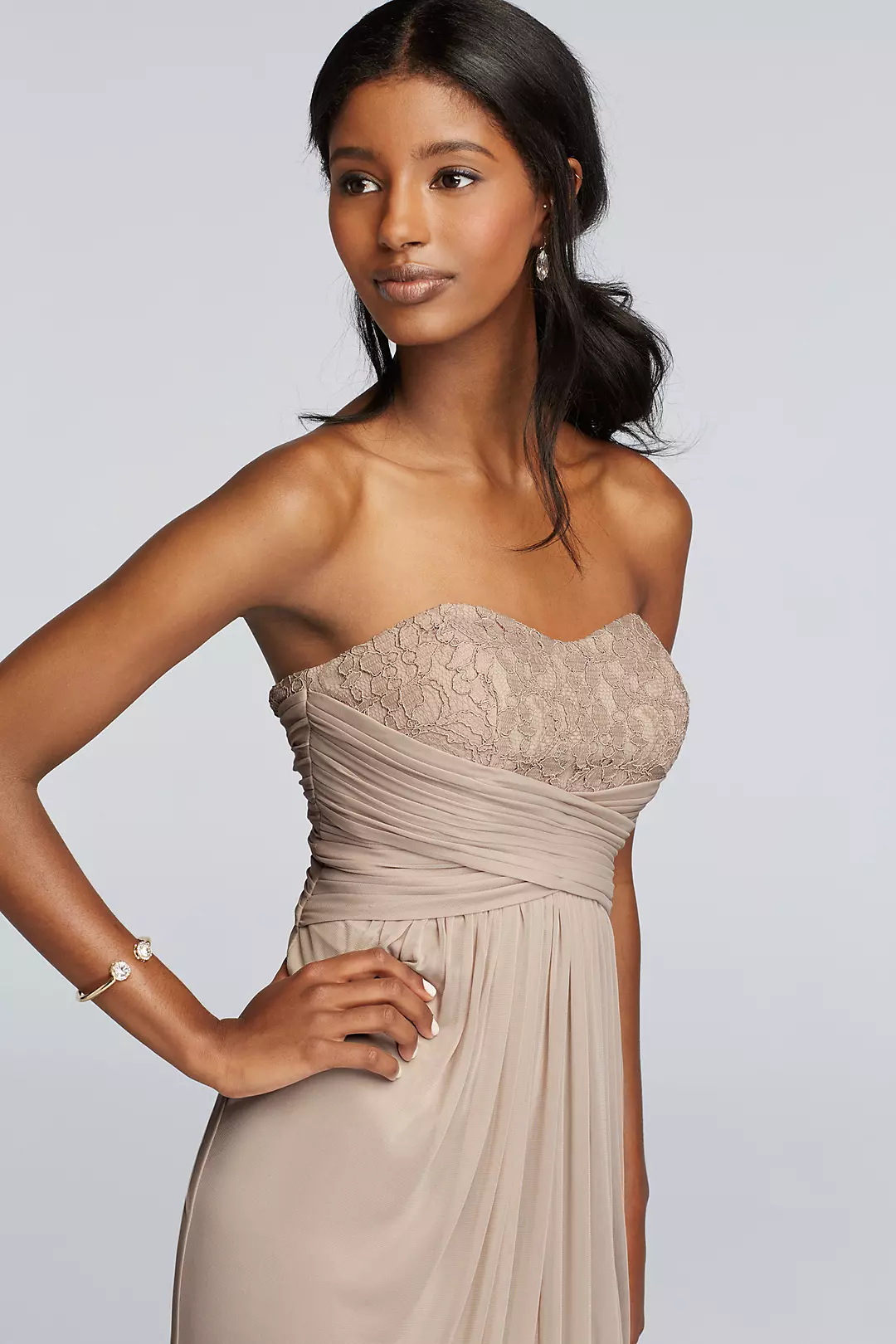 Strapless Mesh and Lace Dress with Pleated Waist  Image 3