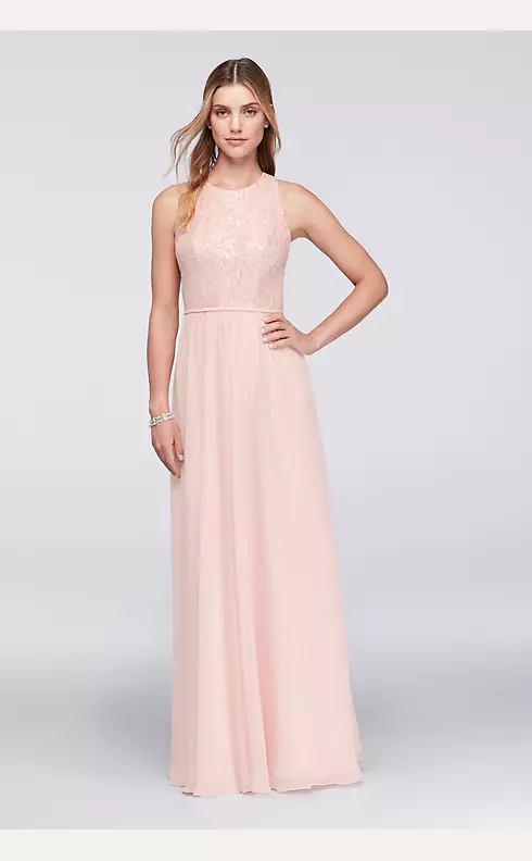 High Neck Sequined Lace and Chiffon Dress | David's Bridal