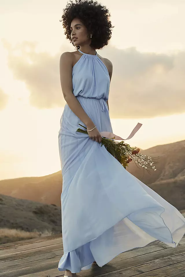 Soft Mesh Halter Bridesmaid Dress with Slim Sash Image 7