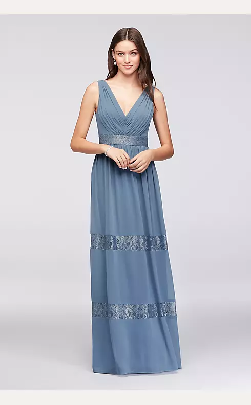 Lace-Inset Chiffon V-Neck Long Bridesmaid Dress Image 1