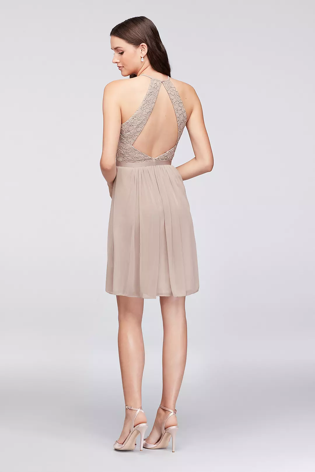 Open-Back Lace and Mesh Short Bridesmaid Dress Image 3