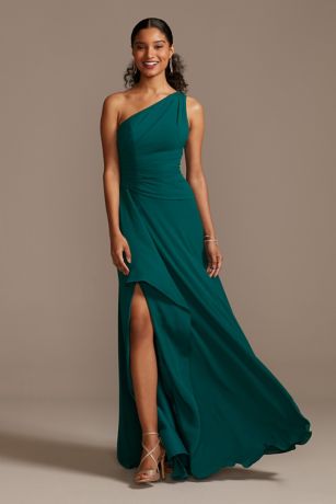 david's bridal long one shoulder crinkle chiffon dress