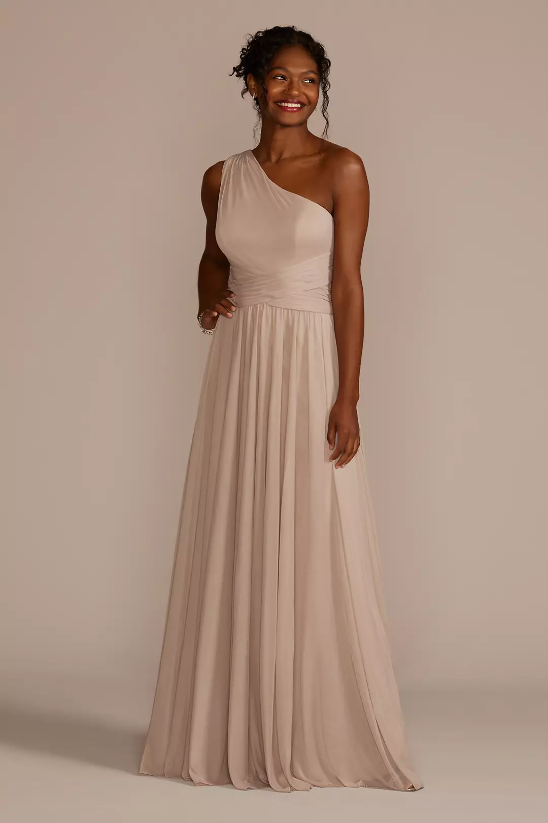 Mesh One-Shoulder Bridesmaid Dress with Full Skirt Image