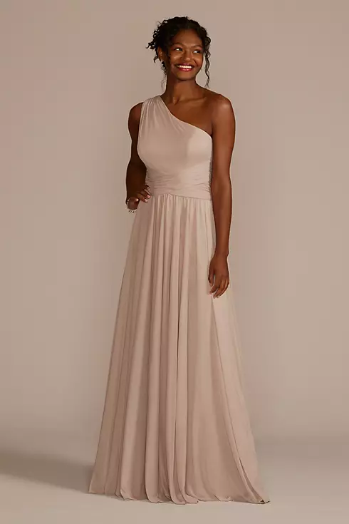 Mesh One-Shoulder Bridesmaid Dress with Full Skirt Image 1