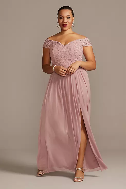 Off-the-Shoulder Lace and Mesh Bridesmaid Dress Image 4