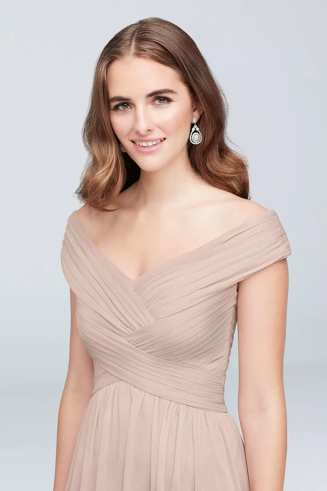 Crisscross Off-the-Shoulder Mesh Bridesmaid Dress | David's Crisscross Off-the-Shoulder Mesh Bridesmaid Dress | David's