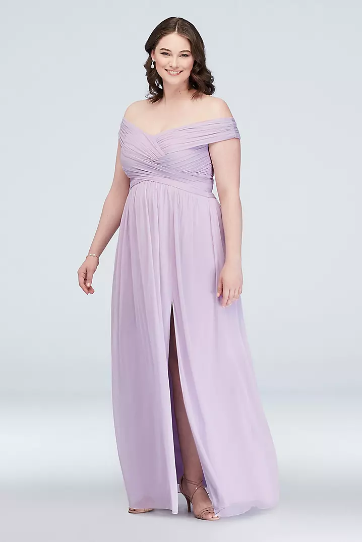 Crisscross Off-the-Shoulder Mesh Bridesmaid Dress | David's Crisscross Off-the-Shoulder Mesh Bridesmaid Dress | David's