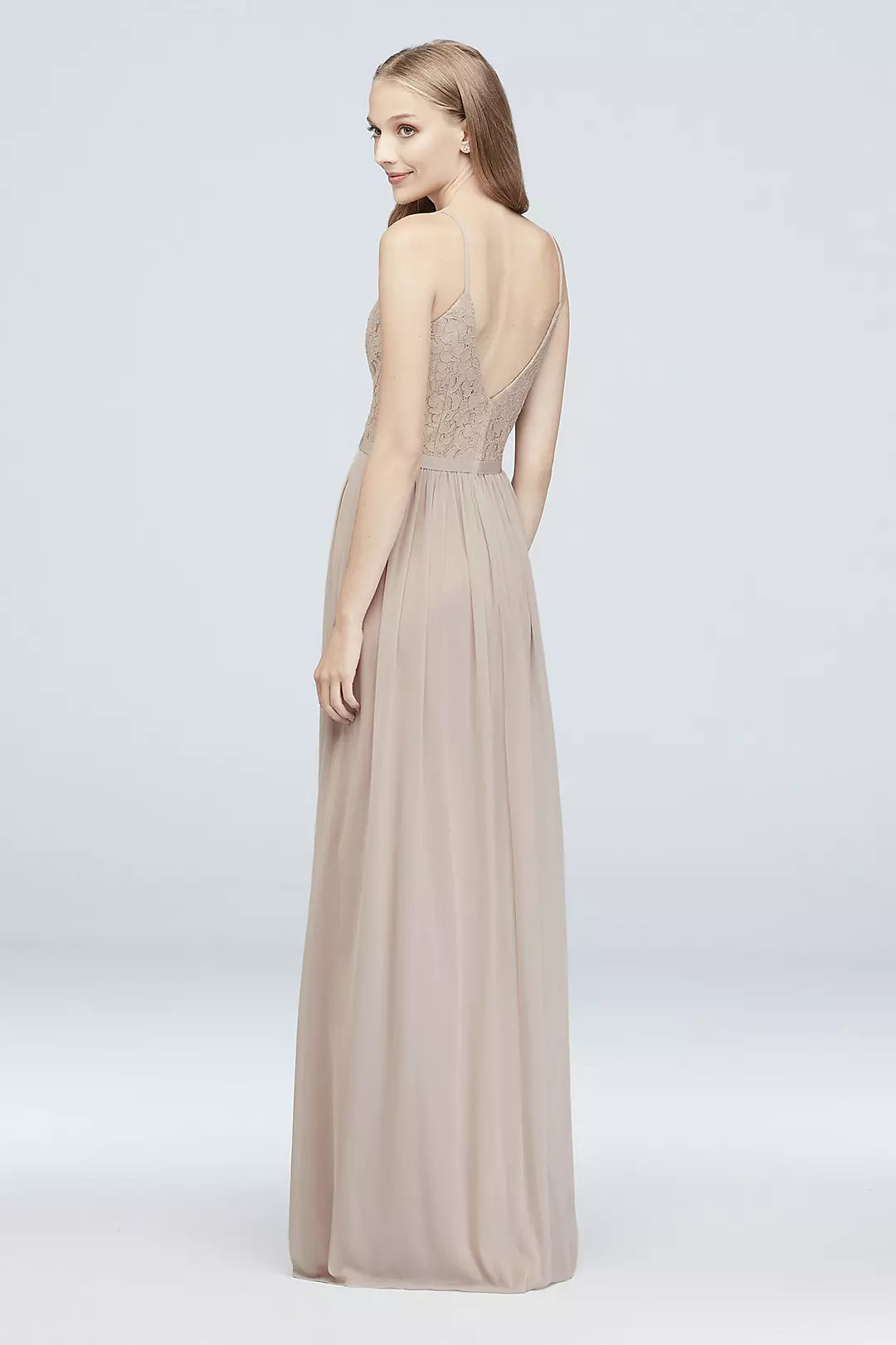 Long Corded Lace and Mesh Bridesmaid Dress Image 2