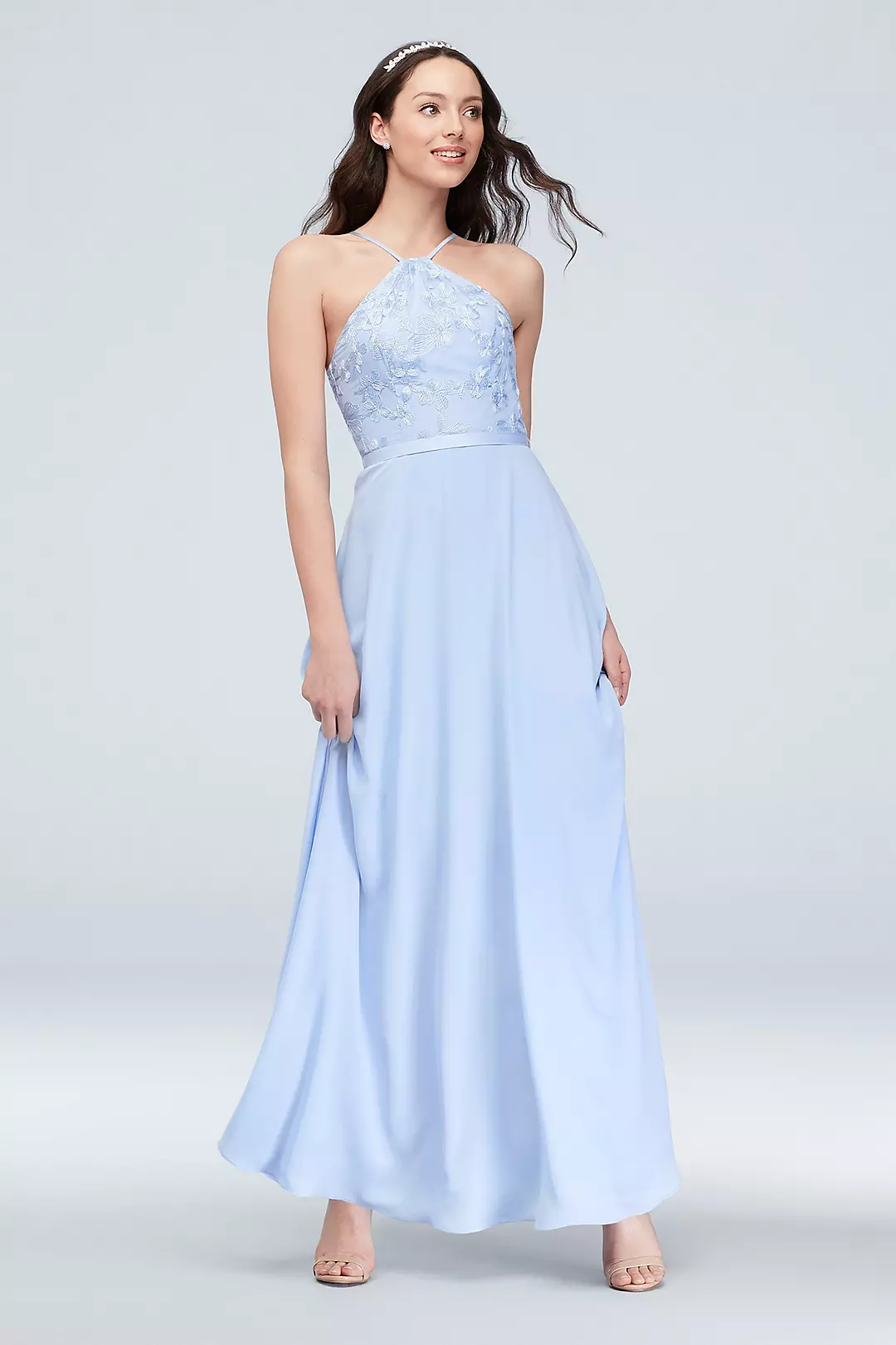 Y-Neck Embroidered Georgette Bridesmaid Dress Image