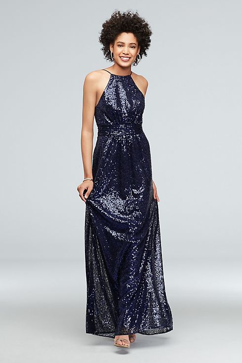 Allover Sequin High-Neck Pleated Bridesmaid Dress Image