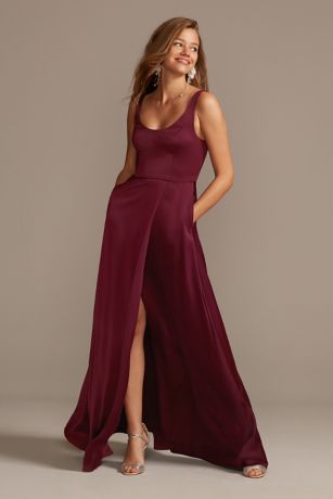 crepe back satin scoop tank bridesmaid dress Blue Scoop Neck Spaghetti Strap Charmeuse Panel Train Bridesmaid Dress main image 0