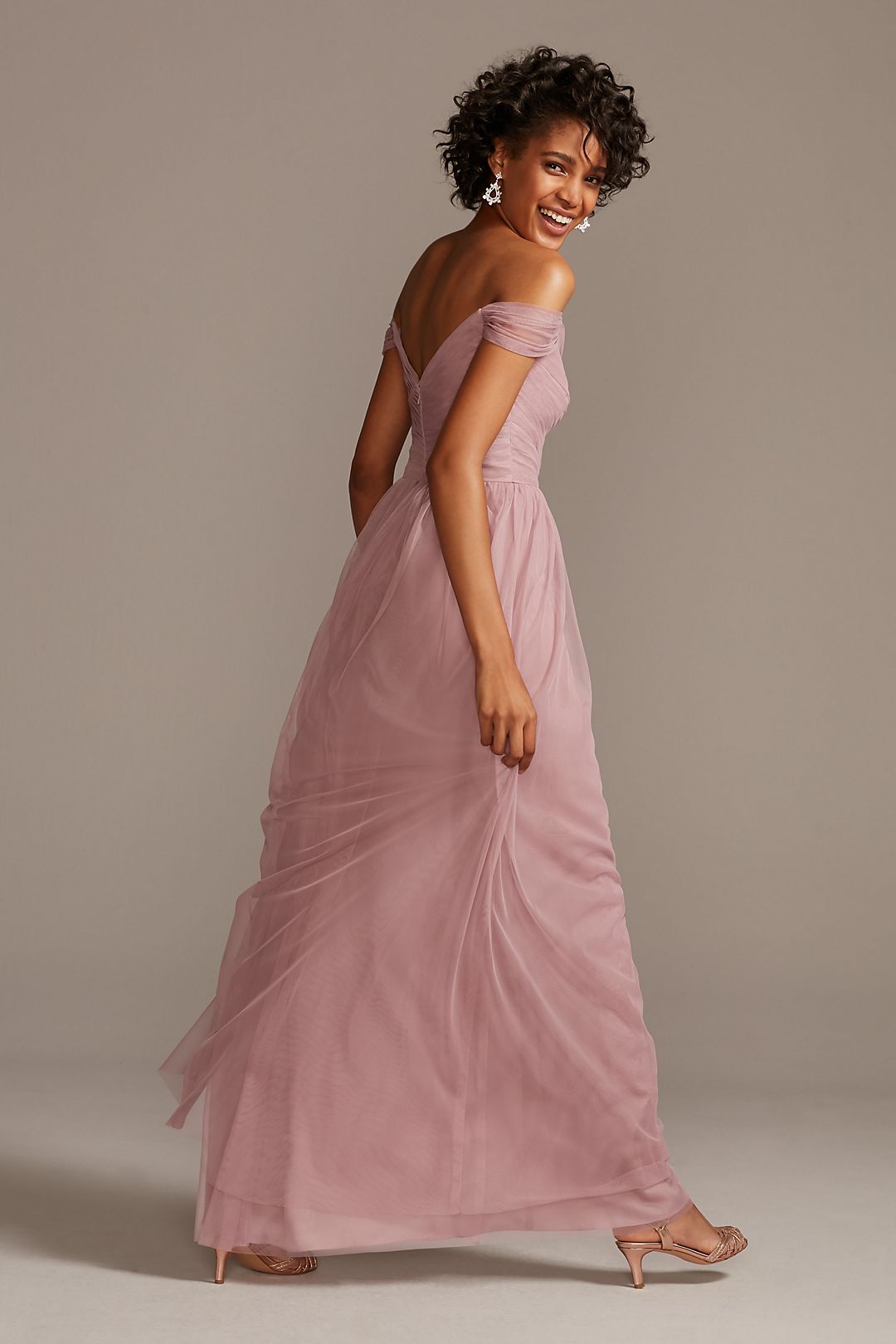 Off-the-Shoulder Pleated Net Tall Bridesmaid Dress Image 3