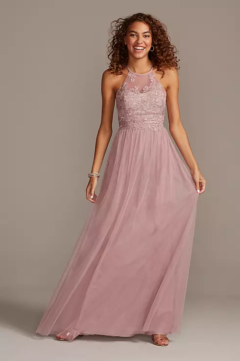High-Neck Embroidered Soft Net Bridesmaid Dress Image 1