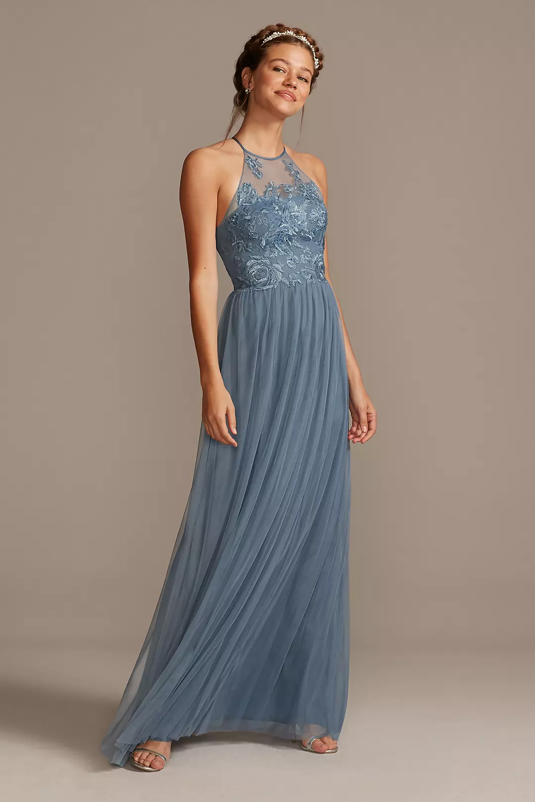 High-Neck Embroidered Soft Net Bridesmaid Dress Image 1