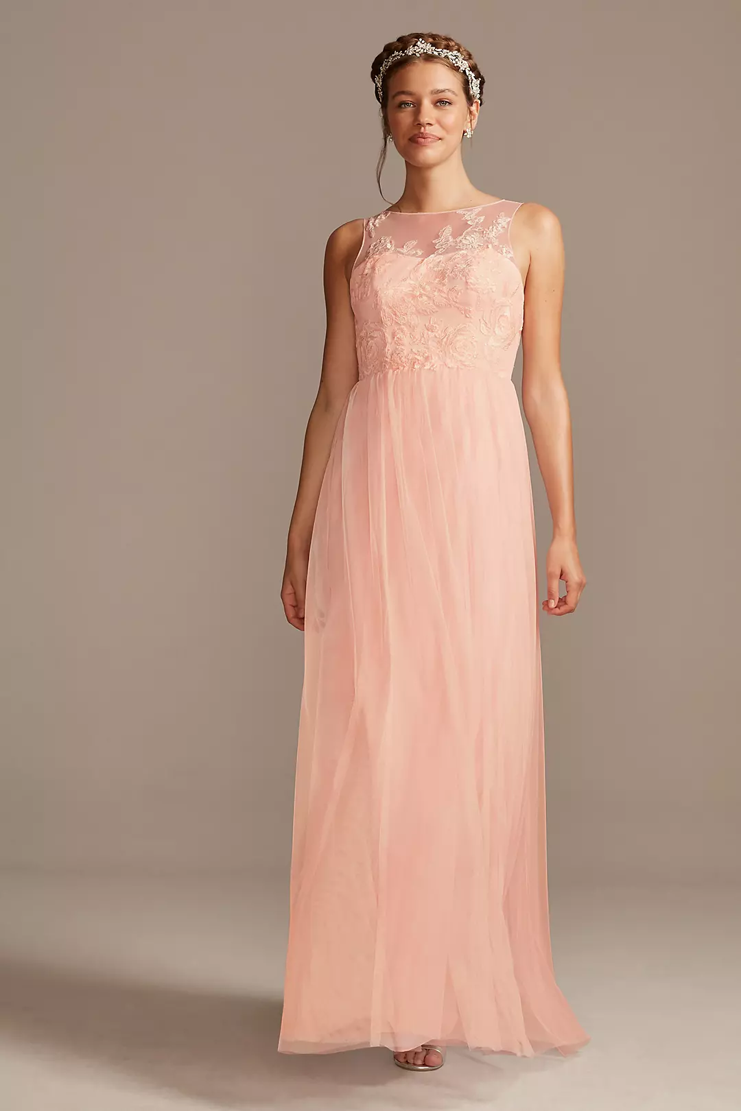Sleeveless Embroidered Soft Net Bridesmaid Dress Image