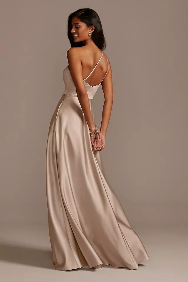 One Shoulder Satin A-Line Long Bridesmaid Dress Image 3