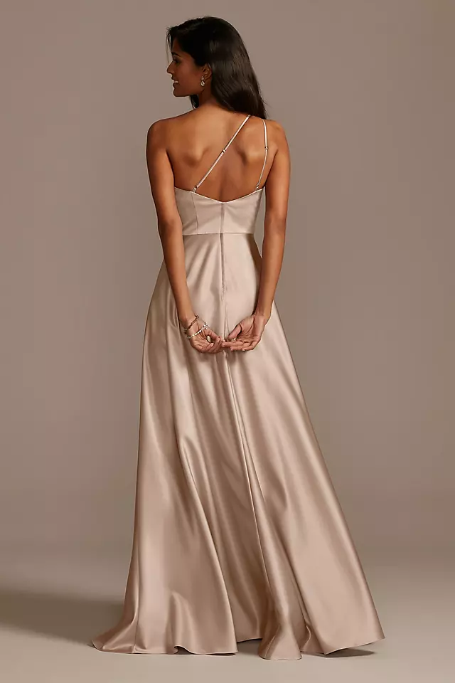 One Shoulder Satin A-Line Long Bridesmaid Dress Image 4