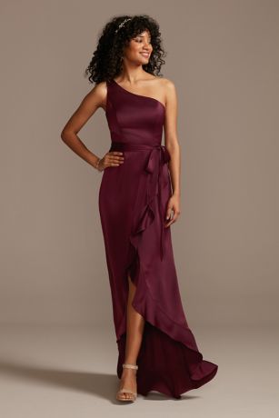 One Shoulder Satin Ruffle Bridesmaid Dress | David's Bridal