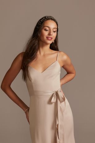 crepe spaghetti strap gown with ruching