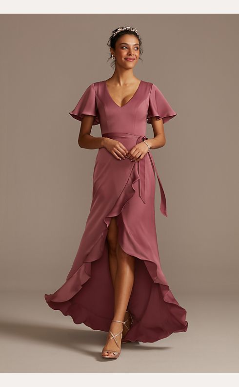 Pleated Long-Sleeve Ruffle Crepe Gown
