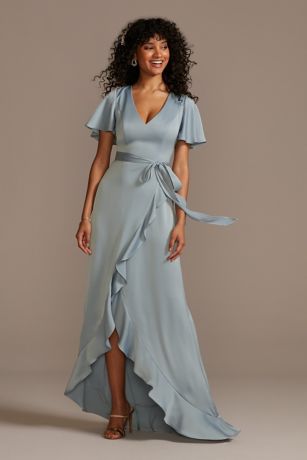 Flutter Sleeve Crepe Bridesmaid Dress - Pale Blue