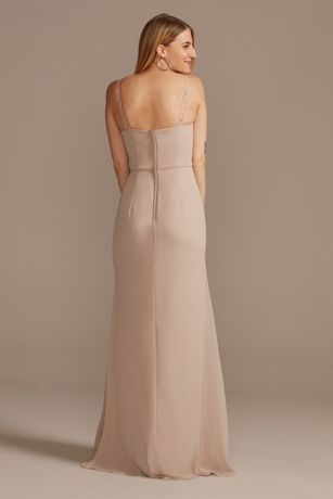 Chiffon Gown with Spaghetti Straps and Cascade Skirt Moss