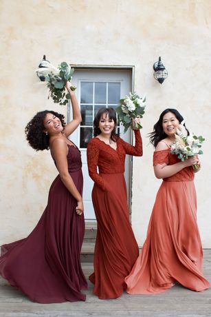 Lace Chiffon Off-Shoulder Long Bridesmaid Dress | David's Bridal