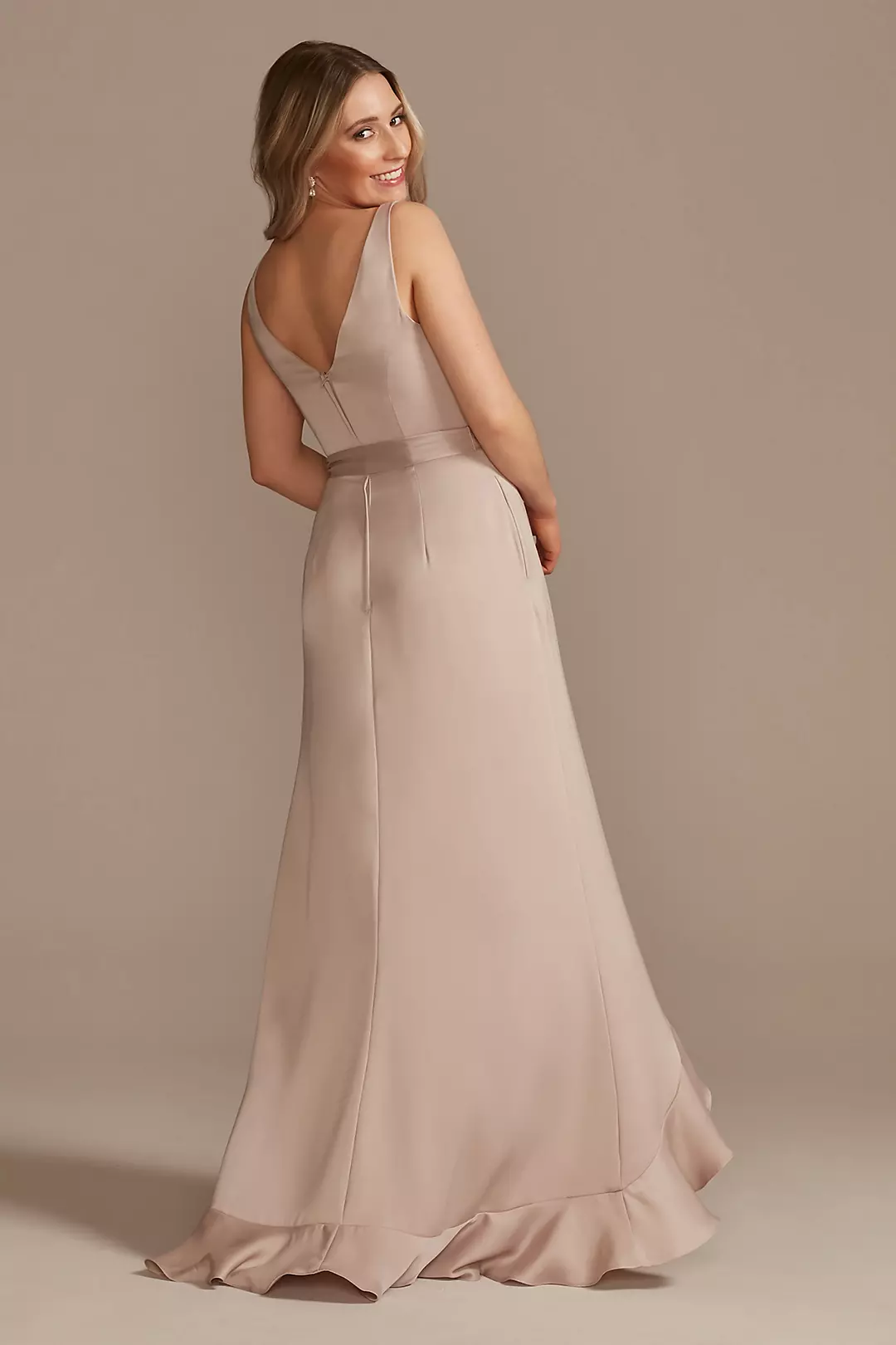 Crepe Satin Ruffle High-Low Bridesmaid Dress Image 2