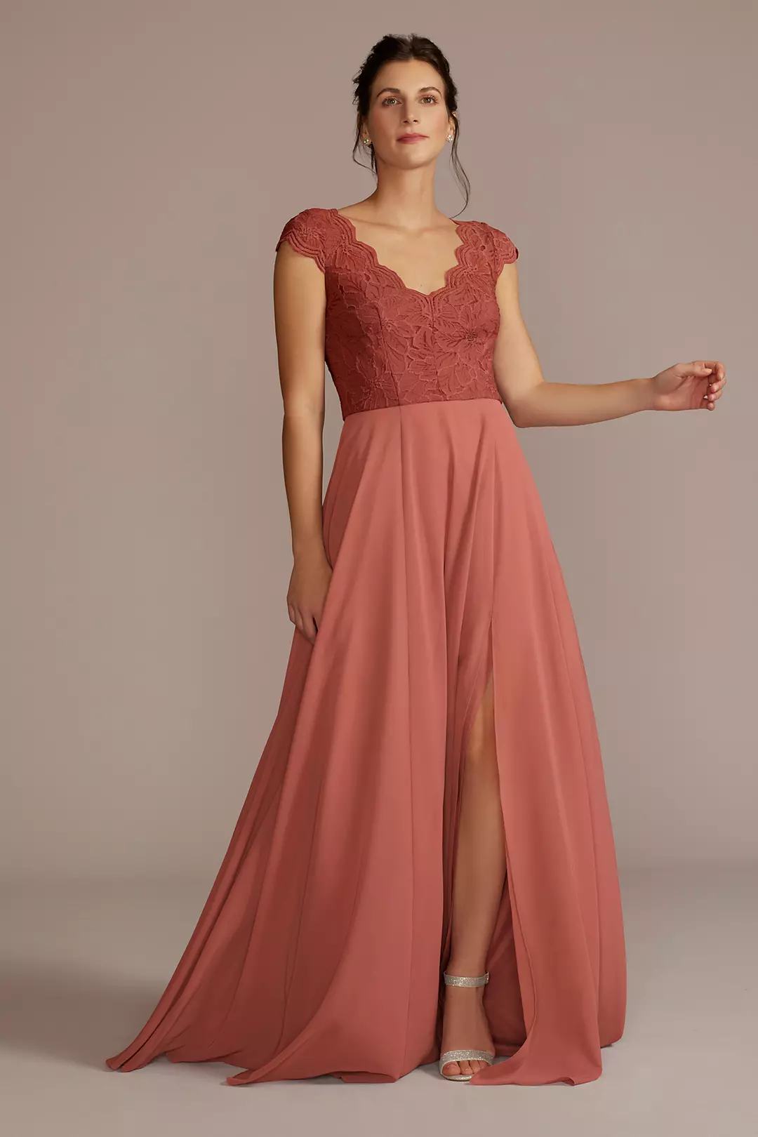 Stretch Lace Chiffon Cap Sleeve Bridesmaid Dress | David's Stretch Lace Chiffon Cap Sleeve Bridesmaid Dress | David's