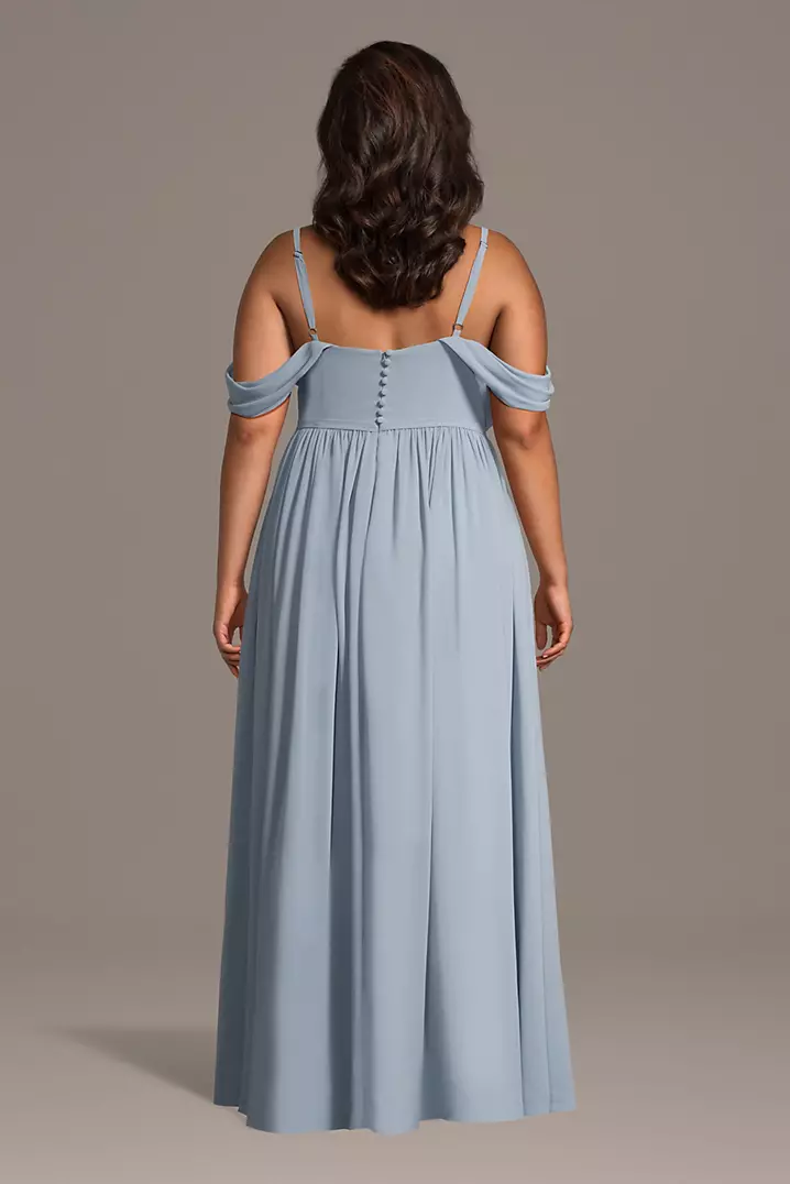 pleated bodice dress Jovani K03525 ivory Alexander by Daymor 1586 sand mother of the bride gown features a fan Chiffon Off-the-Shoulder Pleated Bodice Dress