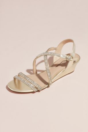 Crystal Crisscross Strap Low Wedge Sandals | David's Bridal