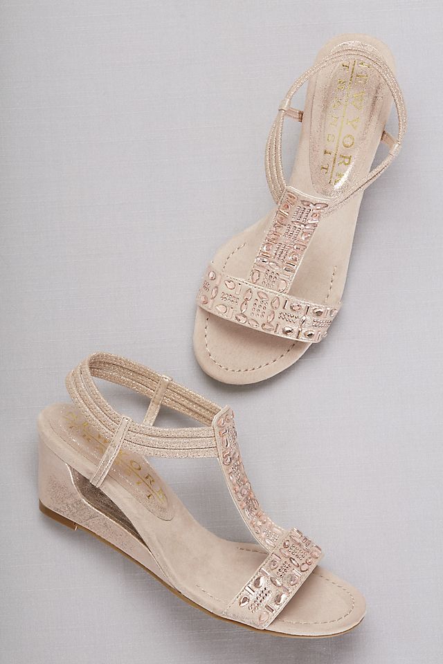 Crystal-Studded Cutout T-Strap Wedges Image 5