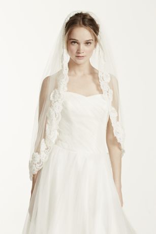 【THE MOZZ】Veil Linen Collar One Piece One Tier Mid Length Veil with Pearls | David's Bridal