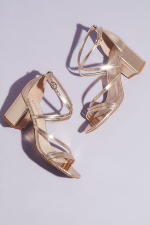 Swoop Strap Square Toe Metallic Block Heel Sandals | David's Bridal